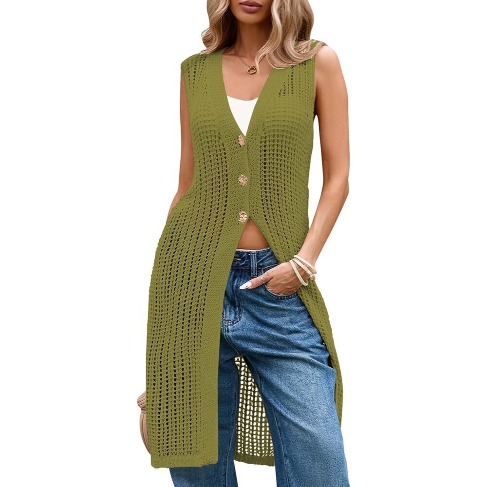 Women's Jungle Green Summer Crochet Sleeveless Knit Cardigan